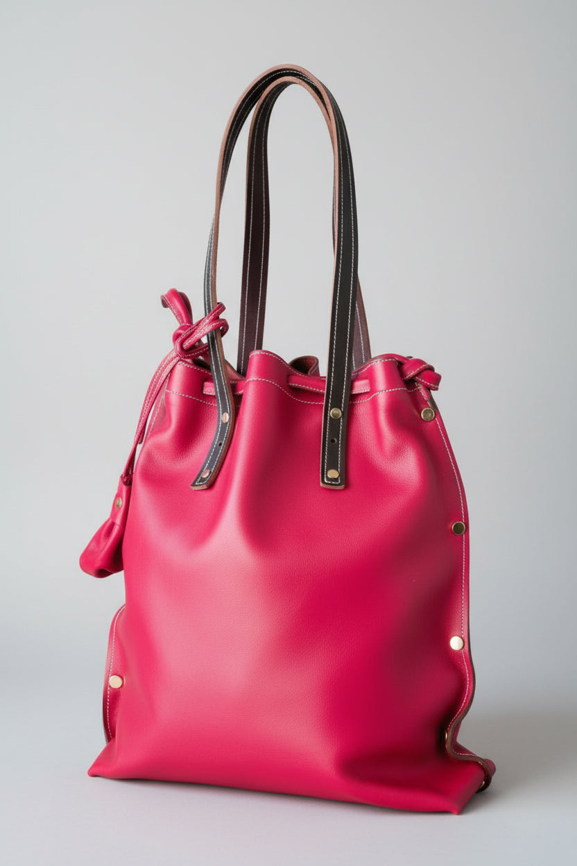 Sac fourre-tout en cuir de veau rouge avec liens de serrage