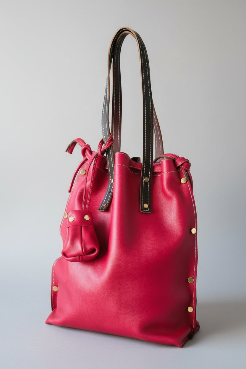 Sac fourre-tout en cuir de veau rouge avec liens de serrage