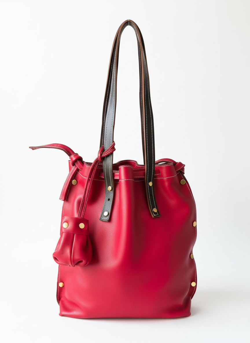 Sac fourre-tout en cuir de veau rouge avec liens de serrage