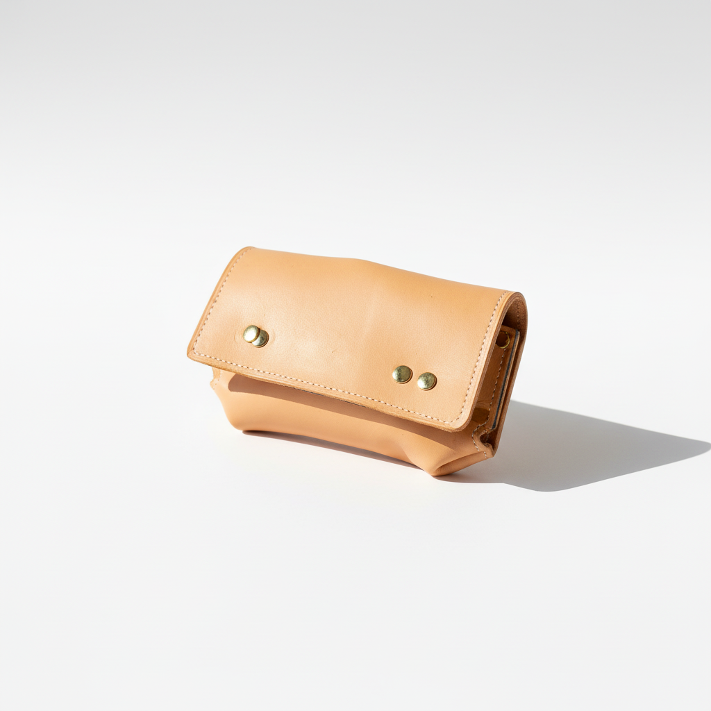 Pochette Ange en cuir beige vue de face sur fond blanc