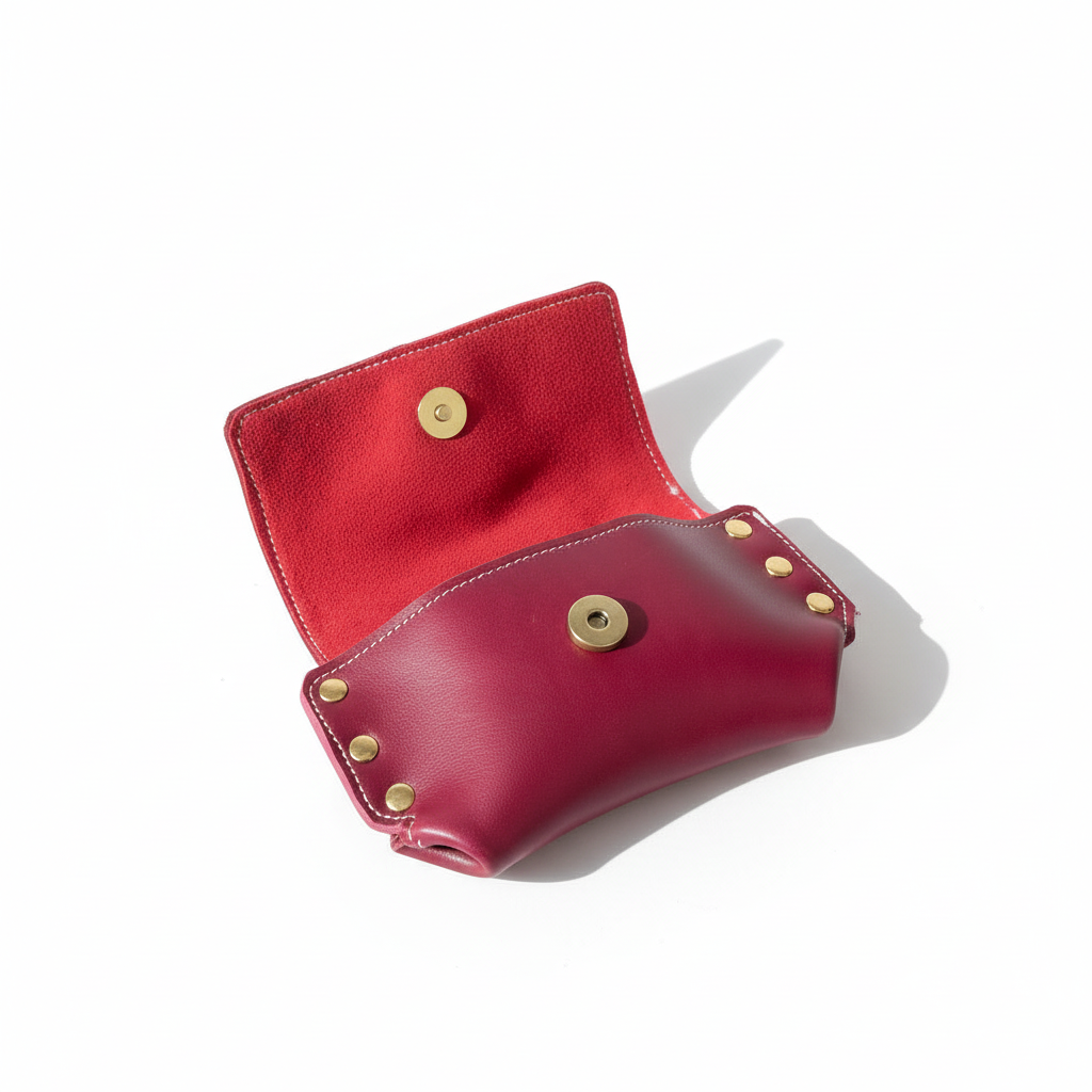 Pochette Ange en cuir bordeaux avec rivets dorés sur fond blanc