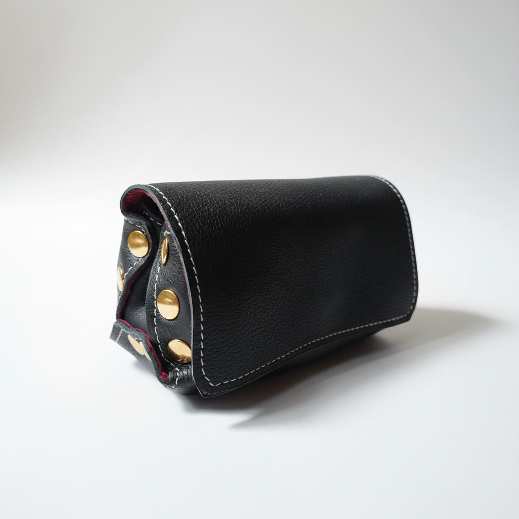 Pochette Ange en cuir noir vue de face sur fond blanc