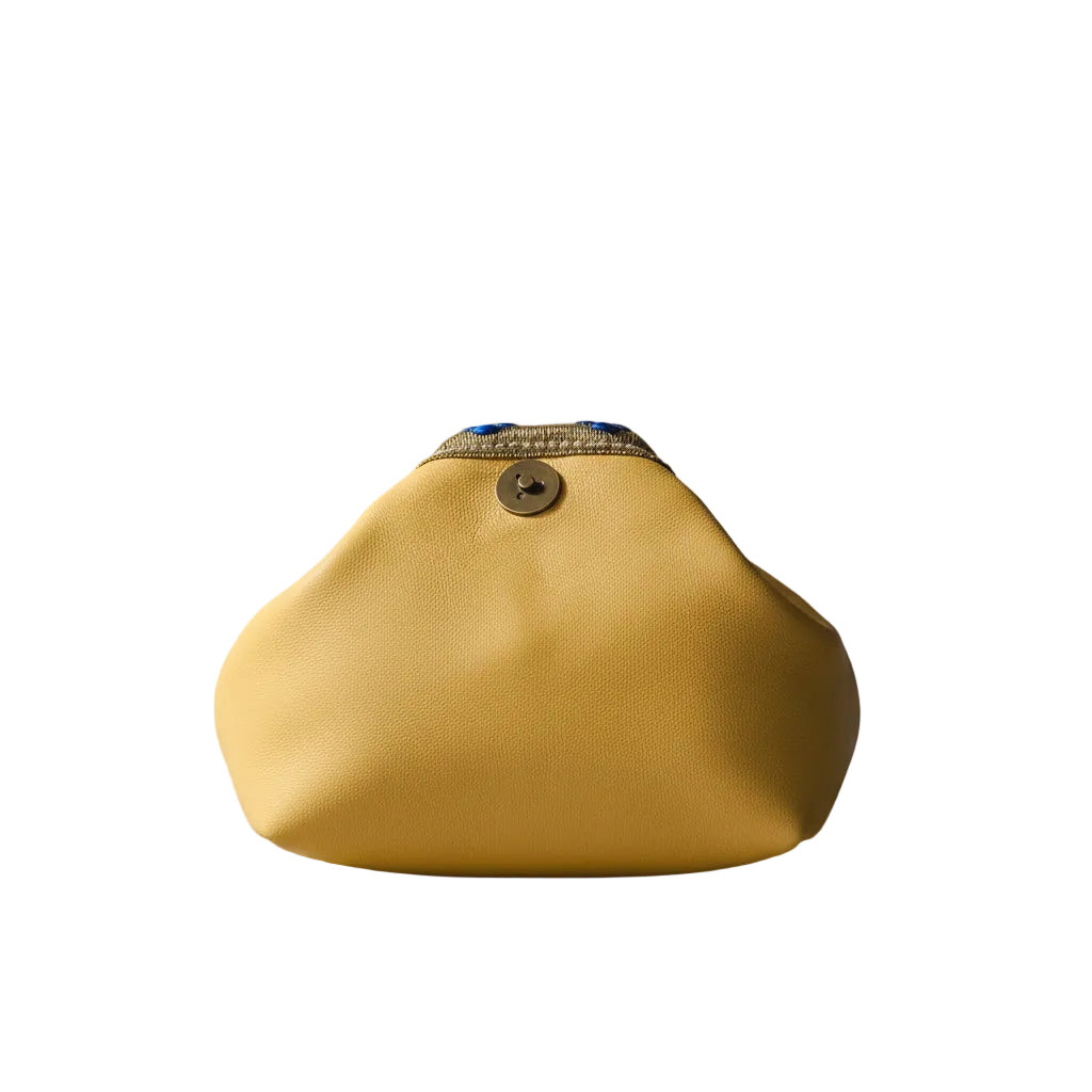 Porte-monnaie mini pochette Kola en cuir d'agneau jaune citron, doublure wax, passementerie ancienne, fabriqué en France – MOOAKUIR