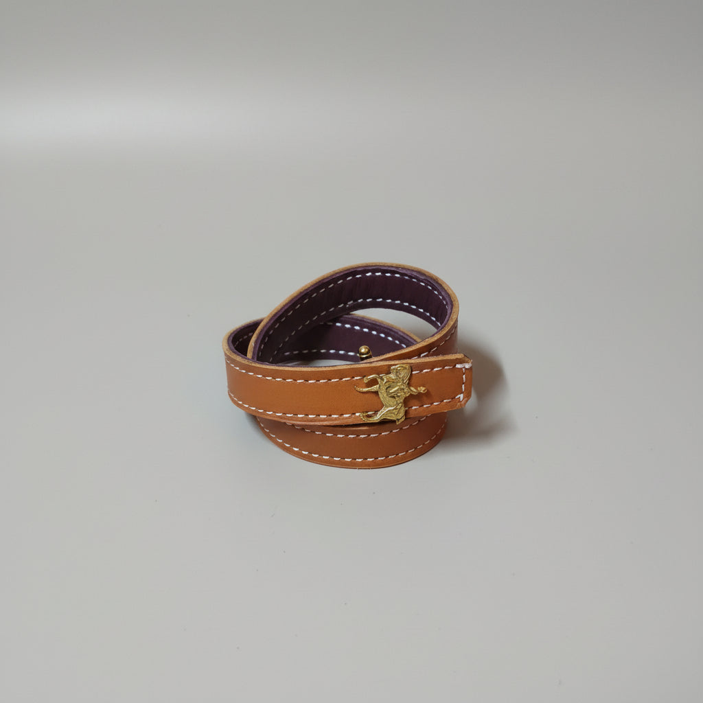 Bracelet Manchette Vintage Double Tour en Cuir Camel et Aubergine