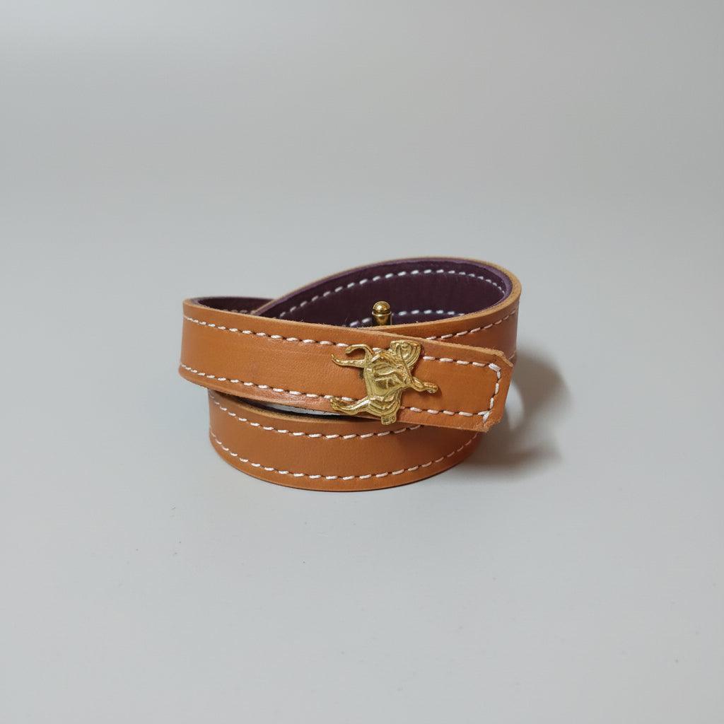 Bracelet Manchette Vintage Double Tour en Cuir Camel et Aubergine