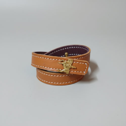 Bracelet Manchette Vintage Double Tour en Cuir Camel et Aubergine