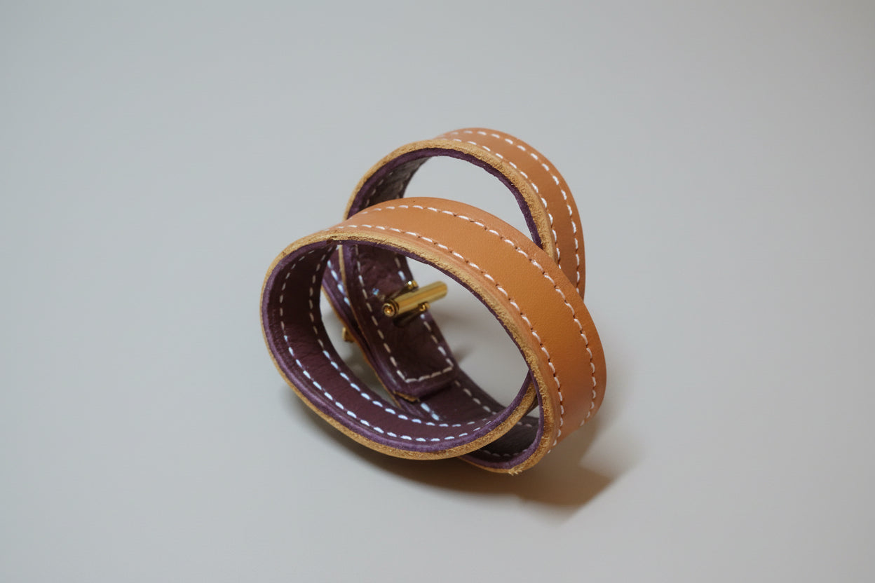 Bracelet Manchette Vintage Double Tour en Cuir Camel et Aubergine