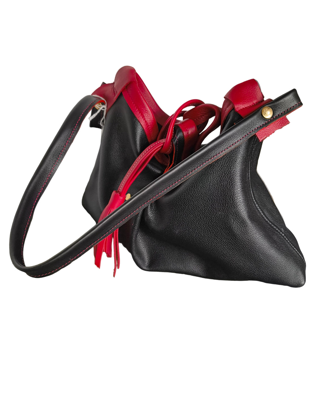 Sac en cuir de veau rouge et noir - Fermeture ceinture à pompon