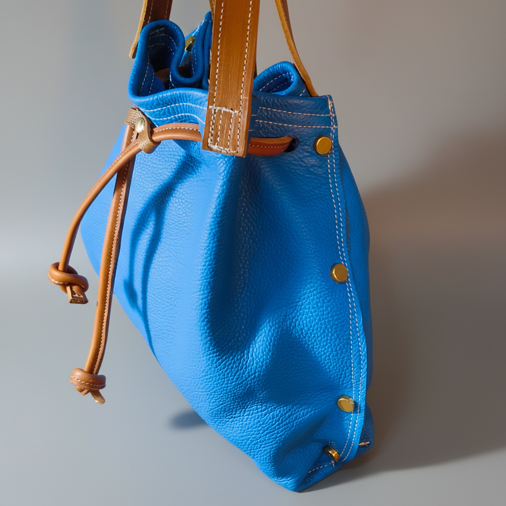 Sac Liane en cuir de bleu  électrique de taurillon à tannage végétal, confectionné par MOOAKUIR