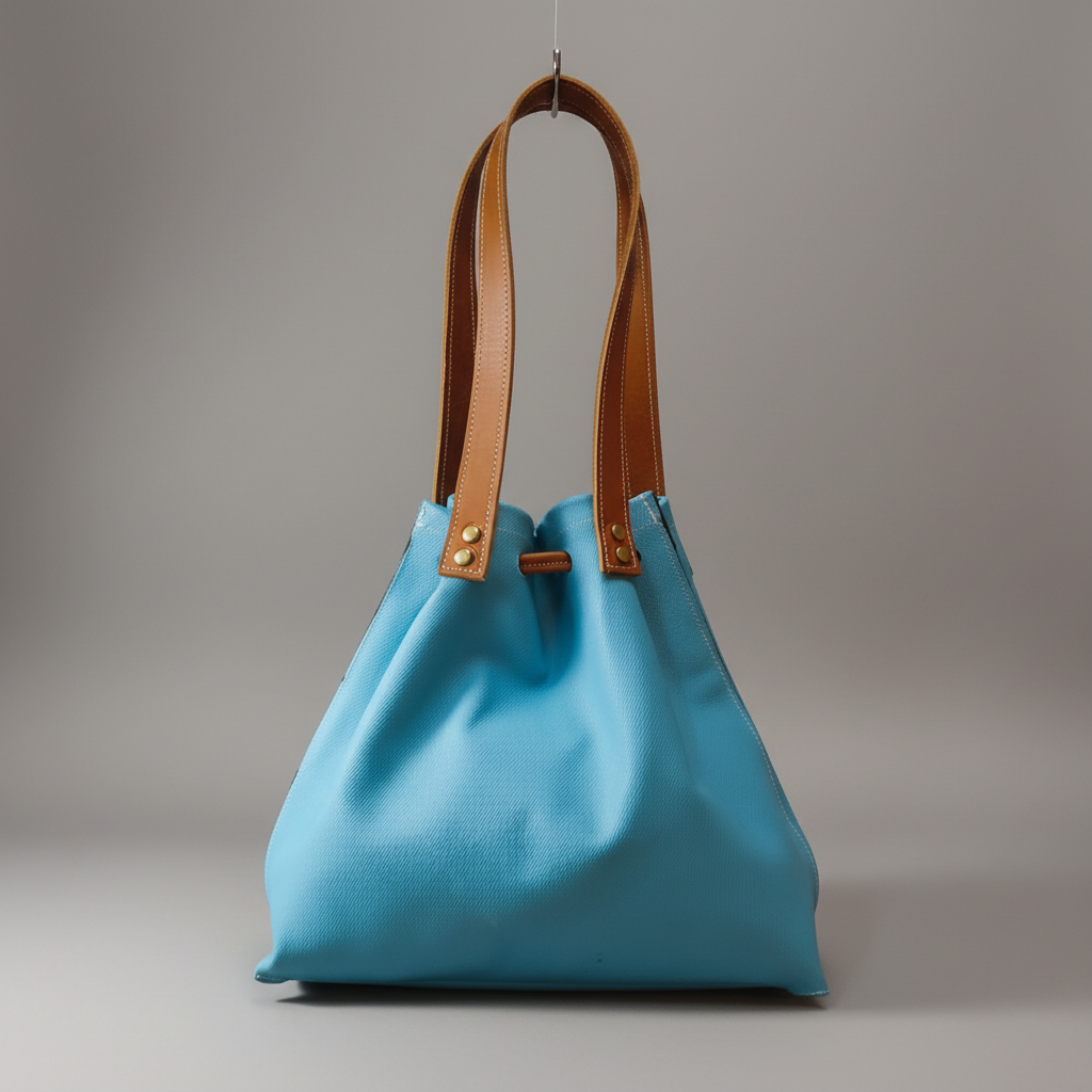 Sac à main Liane en cuir bleu turquoise de veau, anses en cuir tanné végétal camel, fermeture par liens de serrage, fabrication artisanale française
