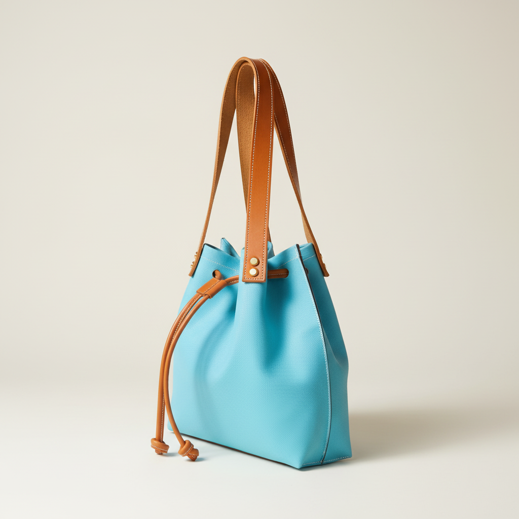 Sac à main Liane en cuir bleu turquoise de veau, anses en cuir tanné végétal camel, fermeture par liens de serrage, fabrication artisanale française
