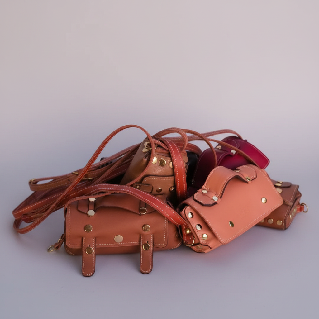 Collection de sacs Rive Droite artisanaux en cuir assemblés avec rivets dorés sans couture - Maroquinerie française MOOAKUIR
